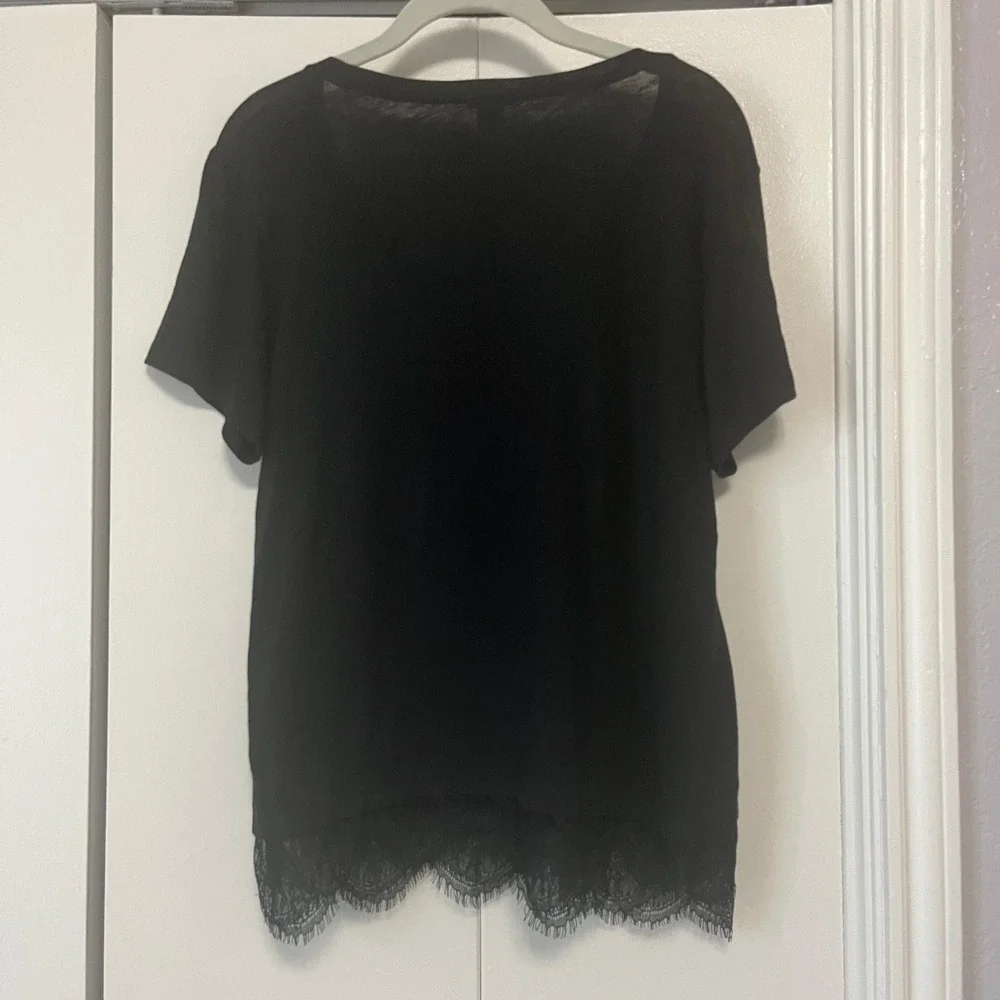 J. Crew Black Lace Trim Blouse Short‎ Sleeve Casual Top Size L